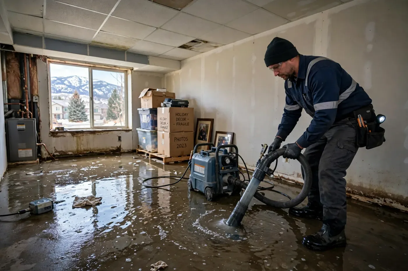 Technician extracting standing water from a flooded Littleton basement