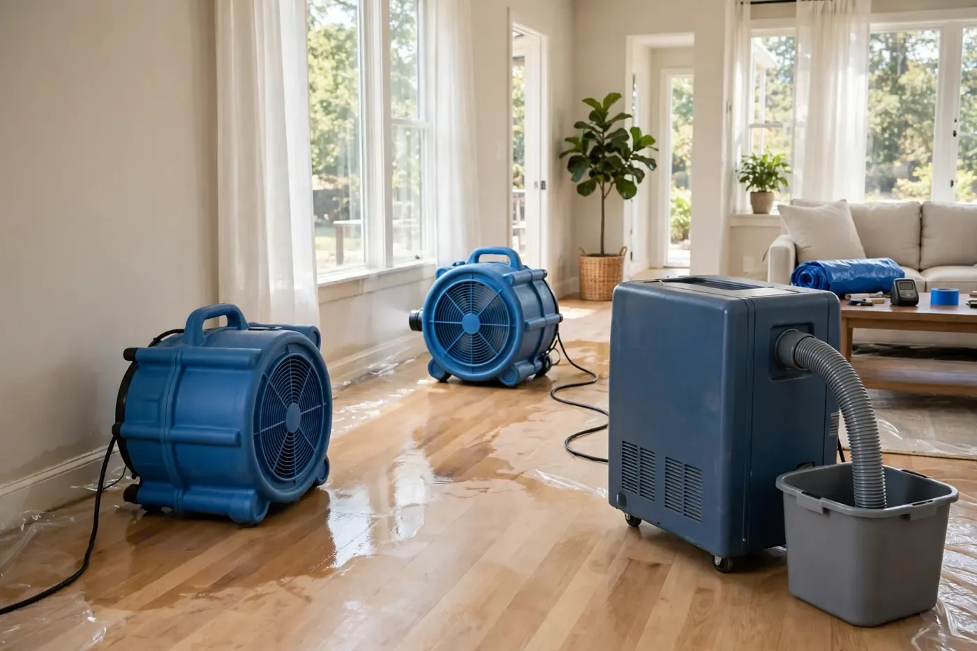 Drying equipment restoring a flooded Littleton home interior